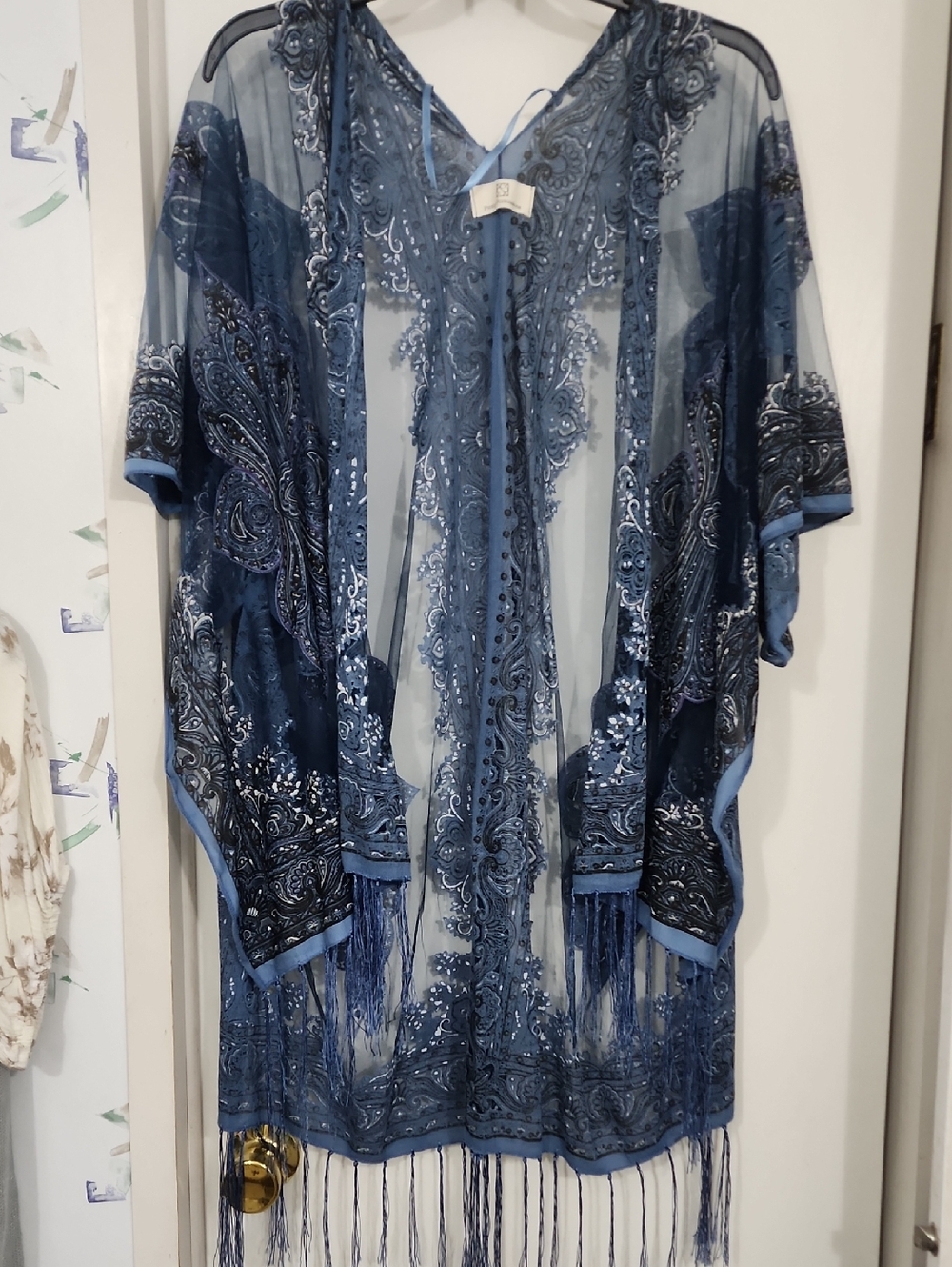 PRETTY PERSUAIONS Blue Sheer Embroidered Fringe Kimono